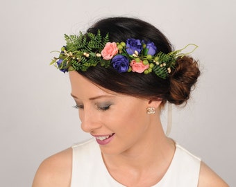 Bridal flower crown, Flower headband with greenery, Woodland wedding hair piece, Floral circlet, Whimsical head wreath, Rustic twig circlet