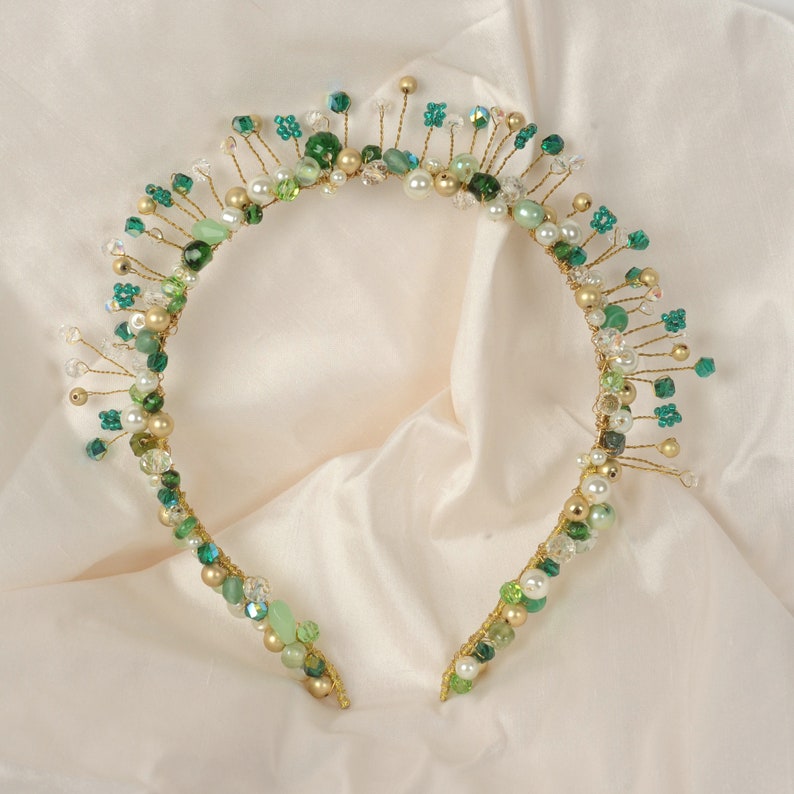 Green crystal headband, Beaded bridal tiara, Wedding hair jewellery, Emerald green goddess headpiece, Reign pearl renaissance bridal crown image 9