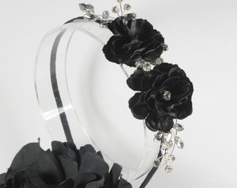 Black flower headband, Gothic bridal hair piece, Bridesmaid headpiece, Wedding tiara crown, Halloween party hairpiece, Head piece for bride