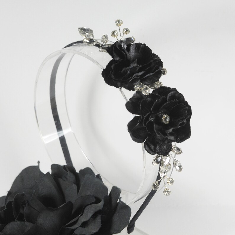 Black flower headband, Gothic bridal hair piece, Bridesmaid headpiece, Wedding tiara crown, Halloween party hairpiece, Head piece for bride image 1