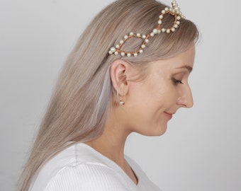 Rustic pearl wire headband, Pearl bridal hair piece, Reign tiara crown, Beaded wedding headpiece, Renaissance medieval costume hairpiece