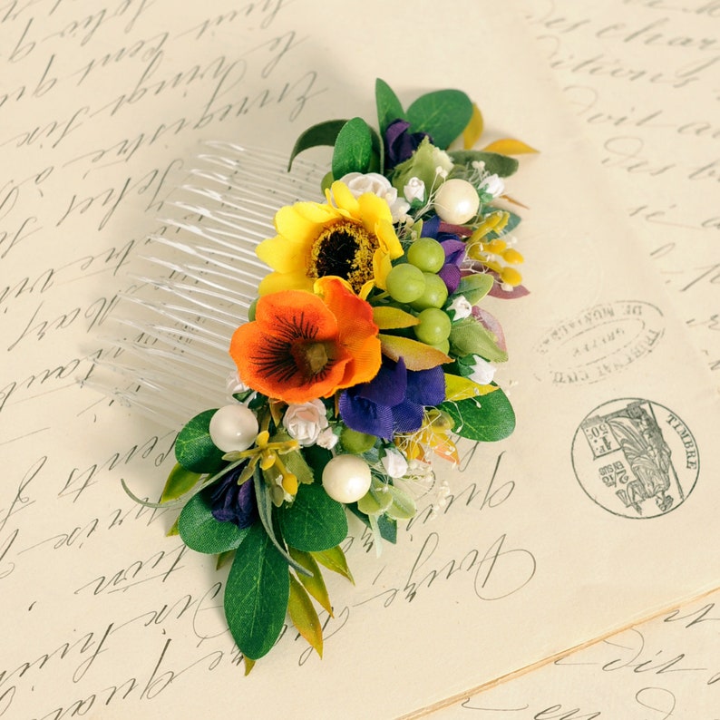 Bridal flower comb Wildflower headpiece Floral country wedding hair piece Rustic wedding yellow sunflower hair comb