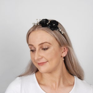 Black flower headband, Gothic bridal hair piece, Bridesmaid headpiece, Wedding tiara crown, Halloween party hairpiece, Head piece for bride image 8