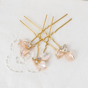 Bridal hair pins, Minimalist wedding hair pieces, Chic leaf hairpins, Rhinestone gold hair jewellery, Floral bobby pins, Bridesmaid headwear image 3