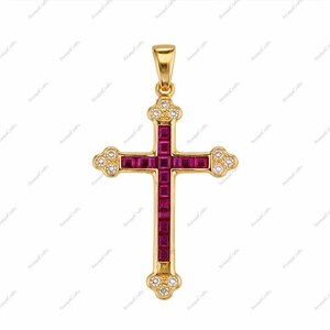 May include: A gold-colored cross pendant with a vertical row of square, red gemstones and four arms. The ends of the cross arms have a decorative, rounded shape with small, clear gemstones. The pendant has a loop at the top for a chain.