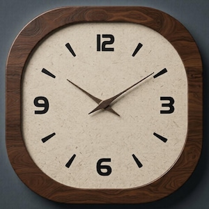May include: Square wooden wall clock with a light beige face and dark brown hands and frame. The clock face features black numerals at the 3, 6, 9, and 12 o'clock positions, with black dashes marking the other hours. The clock hands are dark brown.