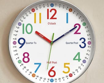 Kinder Wanduhr, Lernzeit, Leise Nicht Tickend, Silberrahmen, Charity Klassenzimmer Dekor