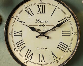 Französische Retro-Wanduhr: Gehärtetes Glas, römische Ziffern, leiser Schwungmechanismus