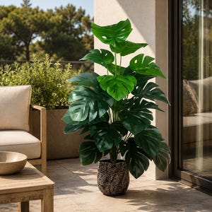 May include: A large, artificial Monstera plant with vibrant green leaves. The plant is in a decorative, black and gold patterned pot. The plant is placed on a tiled patio, with outdoor furniture and greenery in the background.