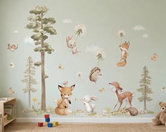 Aquarell Waldtiere Wandtattoos, Kinderzimmer Waldbär Rehe und Kaninchen (Peel Stick)