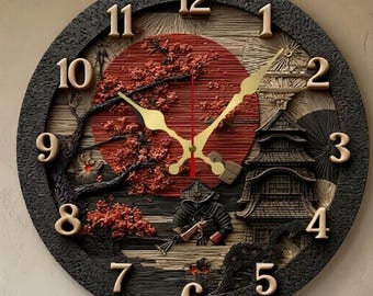 Japanische Samurai Holz Uhr, 3D Rote Sonne Sakura Pagode Kunst, Stille Orientalische Dekoration