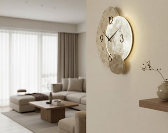 Moderne beige Mondphase Wanduhr, Stein texturierte Silent Quartz Uhr, Boho Home Decor
