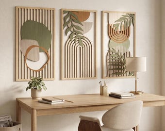 Abstrakte geometrische Holz Wandkunst in Salbei - Moderne Neutrale Kunst