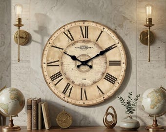 Large Bamboo Roman Numeral Wall Clock, Vintage Farmhouse Decor, Silent Antique Style