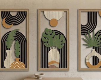 3-teiliges Boho botanisches Holzwand-Kunst-Set: Retro Blatt-Dekor-Haus hängend