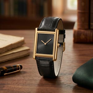 Puede incluir: Un reloj de pulsera rectangular dorado con esfera negra con diseño de rayos de sol y agujas doradas. El reloj tiene una correa de cuero negro con el reverso blanco. El reloj se exhibe sobre una superficie de madera, con un bolígrafo y libros al fondo.