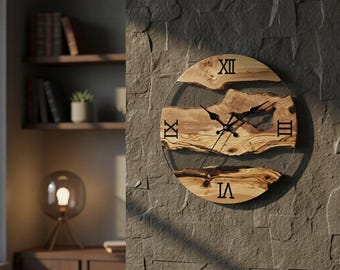 Wanduhr aus Olivenholz - Live Edge Metallrahmen Rustikale Wohnkultur