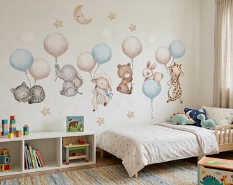 Rosa Ballon Tiere Wand Aufkleber, Aquarell Kinderzimmer Dekor, Elefant, Lamm, Bär, Giraffe Aufkleber