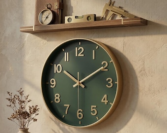 Wanduhr Waldgrün Goldene Zahlen Silent Quartz Modern Decor 8 10 12 Inches