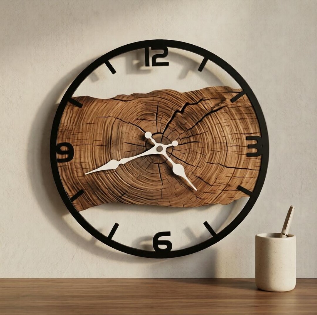 Handmade Olive Wood Effect Wall Clock With Metal Frame – Rustic Natural ...