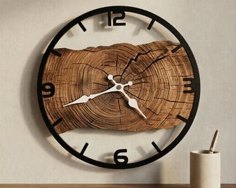 Handgefertigte Wanduhr aus Olivenholz-Effekt mit Metallrahmen - rustikale natürliche hölzerne Wohnkultur