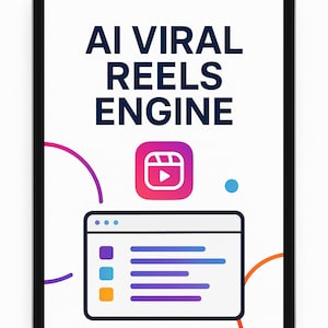 Könnte beinhalten: Ein digitales Tablet zeigt den Text "AI VIRAL REELS ENGINE" in Dunkelblau. Darunter befindet sich ein Instagram Reels-Symbol und eine Grafik einer Webseite mit farbigen Balken und Linien. Der Hintergrund ist weiß mit farbigen Kurven und Punkten.