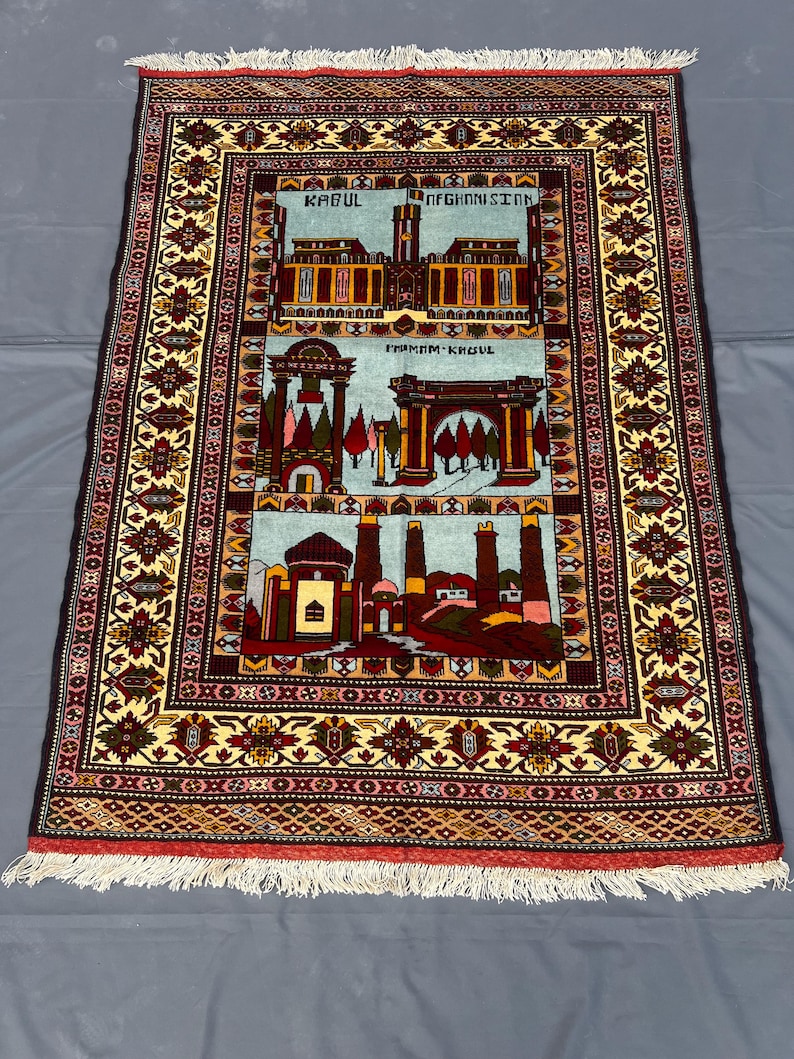 Kabul Rug 6x5afghan Pictorial Rug,kabulafghanistan Landmark Wallhanging,burgundy ...