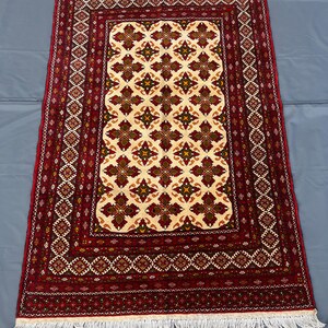 Yusufi Hirati Rug, Hand-Knotted Afghan, Ruby Red, Cream, Moss Green, Ochre Geometric Area Rug
