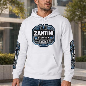 ZANTINI Eclipse X Hoodie, Racing Graphic Pullover, Blue Hypercar Streetwear, Front Back Sleeve Print