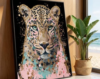 Majestic Leopard Face Canvas Wall Art, Abstract Glitter Accents, Wildlife Portrait Painting, Modern Animal Decor, Ready to Luxury Home Decor