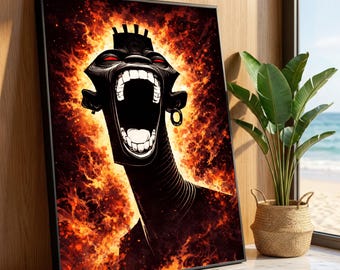 Feroz espíritu de fuego tribal, lienzo abstracto de rostro oscuro, arte mural ardiente, pintura de expresión audaz, decoración moderna étnica para el hogar, decoración de lujo para el hogar