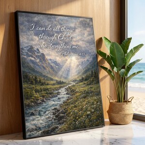 Op de afbeelding: Ingelijste kunstdruk met een landschapsschilderij van een rivier die door een vallei stroomt, met bergen op de achtergrond. De kunst bevat de tekst "I can do all things through Christ who strengthens me. Philippians 4:13."