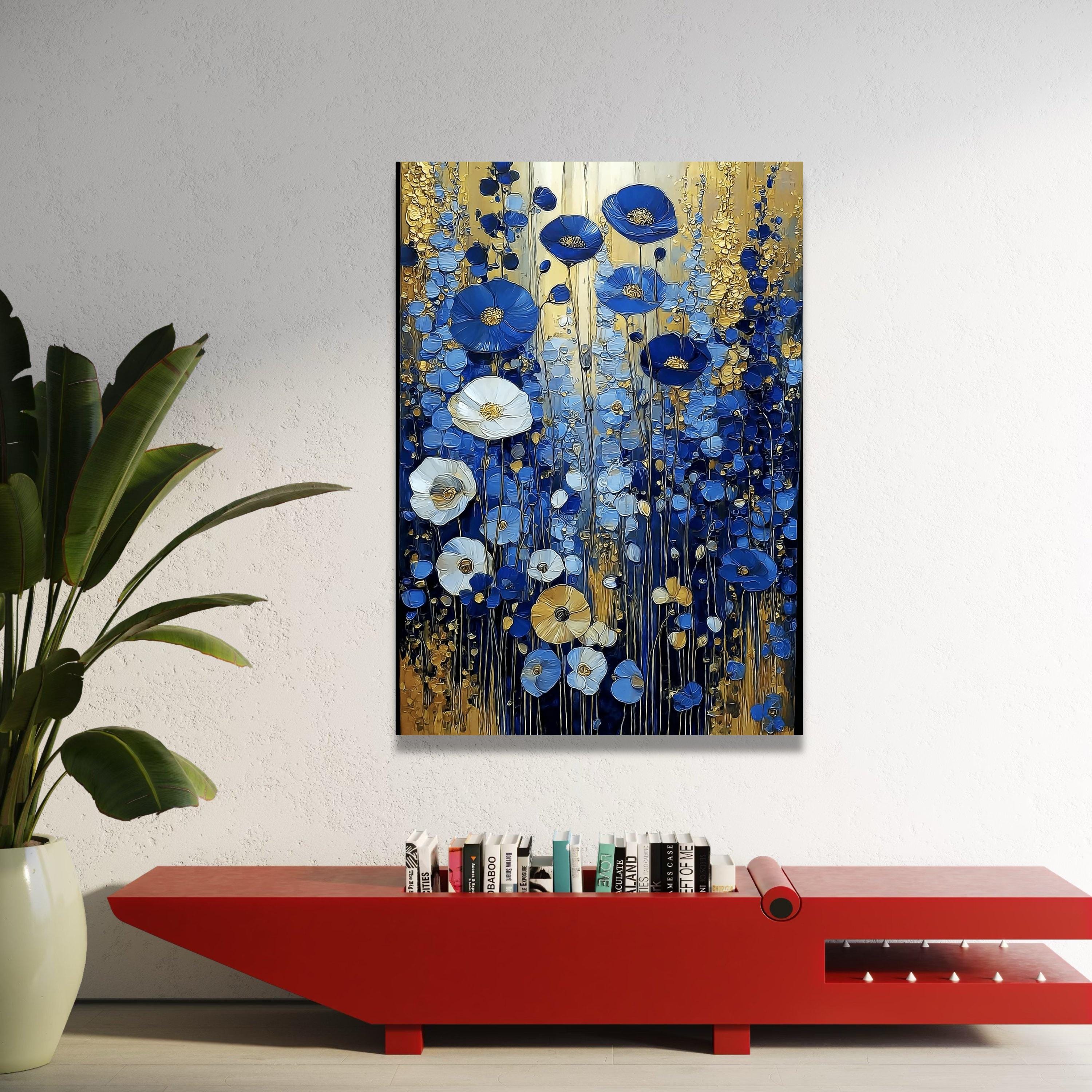 Abstract Blue and Gold Floral Canvas Wall Art, Modern Botanical ...