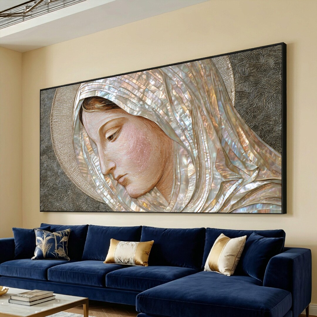Serene Virgin Mary Portrait Canvas, Mother and Child Religious Wall Art ...