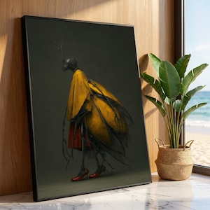 May include: A framed art print featuring a surreal figure with insect-like features. The figure wears a yellow cloak and red shoes. The artwork is set against a dark background, creating a striking contrast. The print is displayed near a potted plant.
