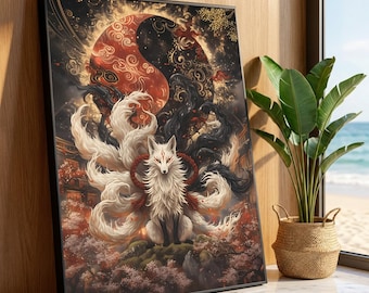 神秘的な九尾の狐のキャンバス、陰陽の精霊アート、日本の狐の壁掛けアート、ファンタジー動物のキャンバス、神話上の生き物の高級ホームデコレーション