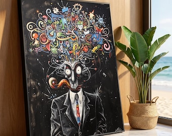 Surreal Exploding Mind Abstract Canvas Wall Art, Colorful Psychedelic Brainstorm Painting, Modern Expressionist Canvas, Luxury Home Decor