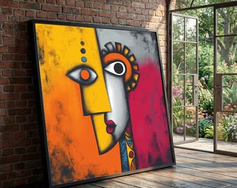 Abstract Dual Face Canvas Wall Art, Modern Colorful Portrait Painting, Contemporary Home Decor, Geometric Expression Luxury Home Decor