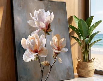Soft Magnolia Blossoms Canvas, Elegant Floral Wall Art, Spring Flower Painting, Neutral Toned Canvas Decor, Home Luxury Home Decor