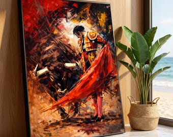 Vibrant Bullfighter Scene Canvas, Abstract Matador and Bull Wall Art, Spanish Culture Canvas, Dynamic Home Decoration, Luxury Home Decor