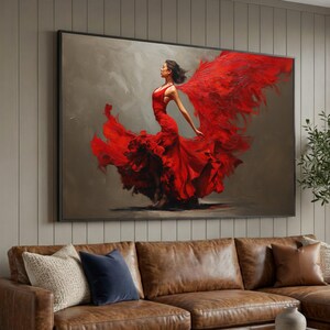 Elegant Flamenco Dancer Canvas Wall Art, Dynamic Red Dress, Feminine Movement, Artistic Home Decor, Dramatic Dance Canvas Luxury Home Decor
