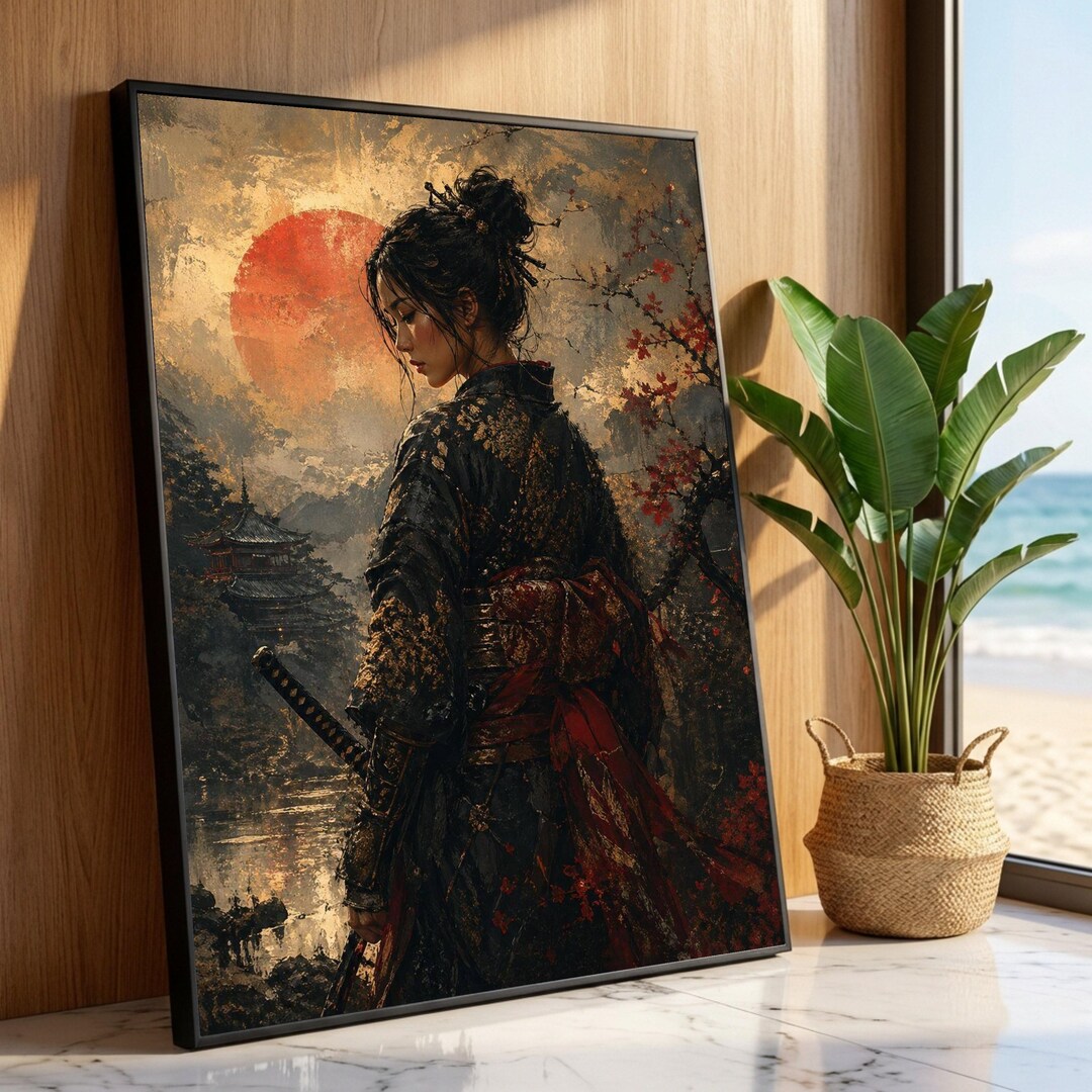 Japanese Samurai Woman Canvas Wall Art, Traditional Kimono Portrait ...