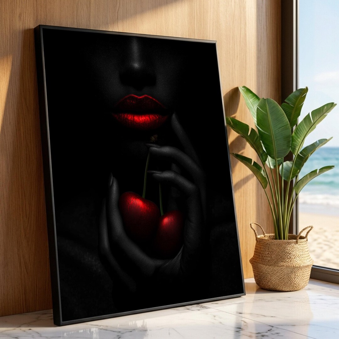 Sensual Red Lips and Cherries Canvas, Dark Artistic Portrait Wall Art ...