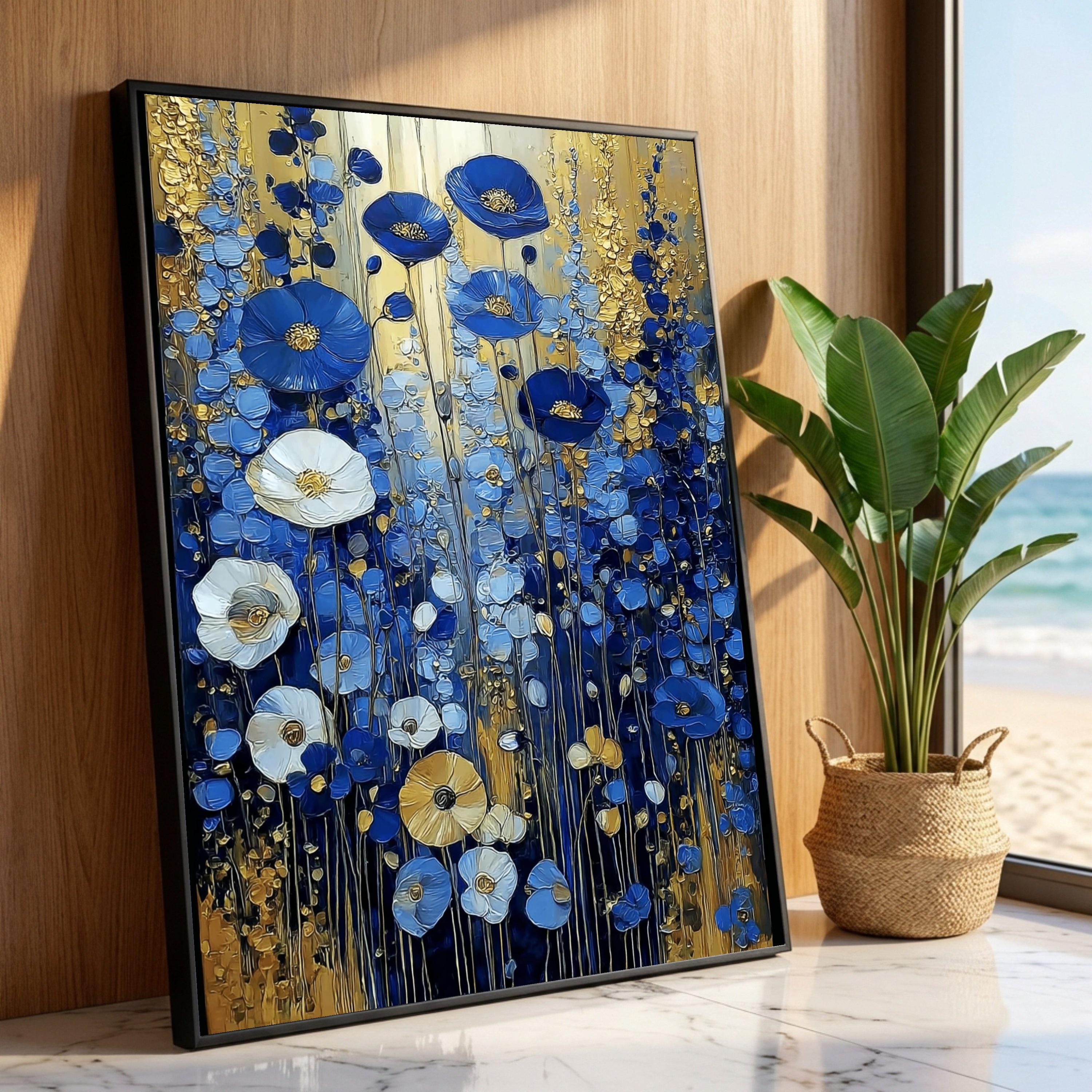 Abstract Blue and Gold Floral Canvas Wall Art, Modern Botanical ...