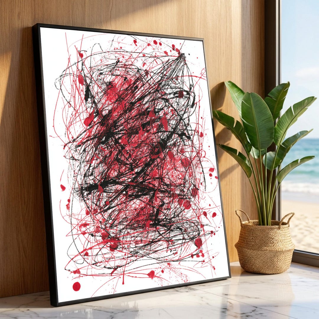 Bold Red and Black Abstract Canvas, Modern Abstract Expressionism Wall ...
