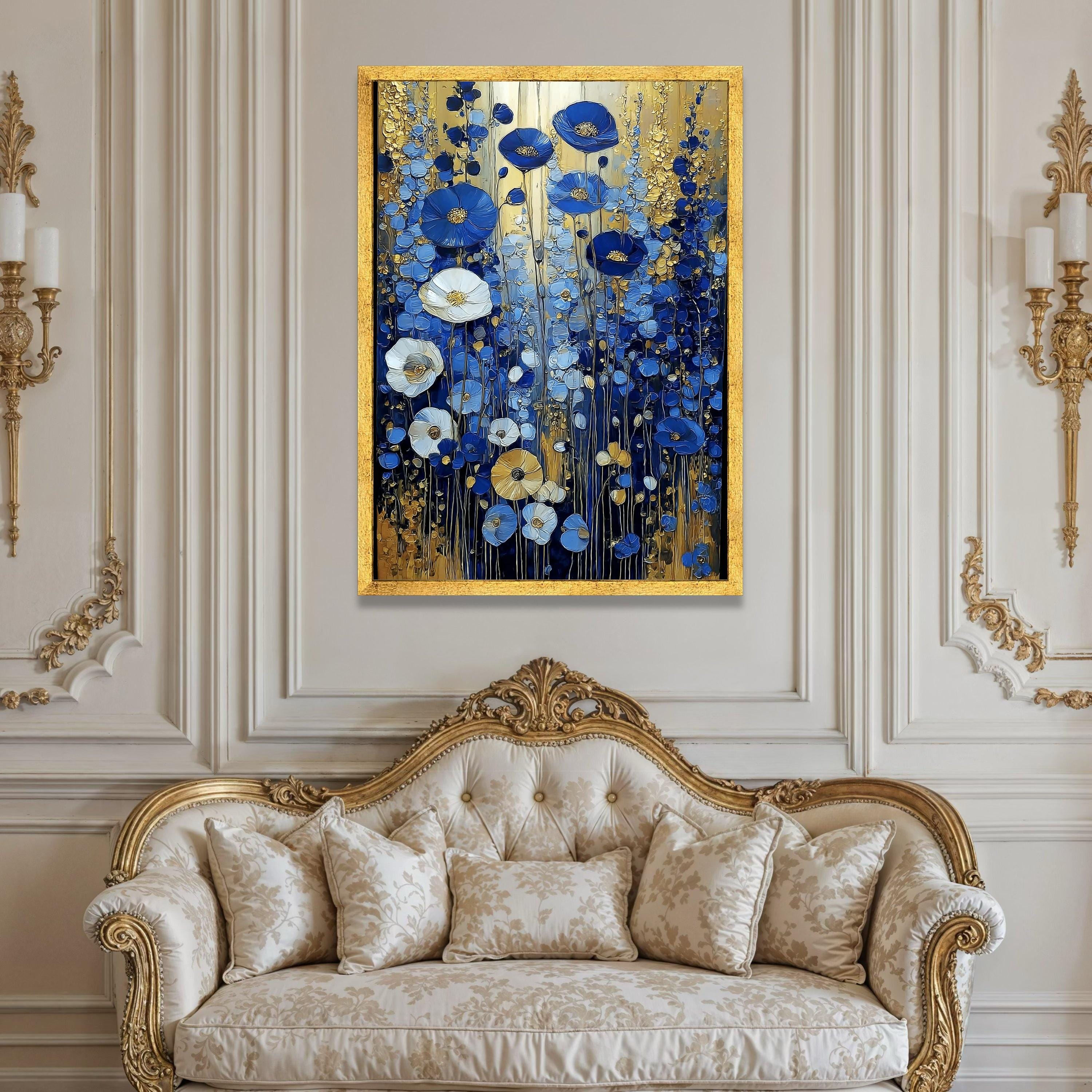 Abstract Blue and Gold Floral Canvas Wall Art, Modern Botanical ...