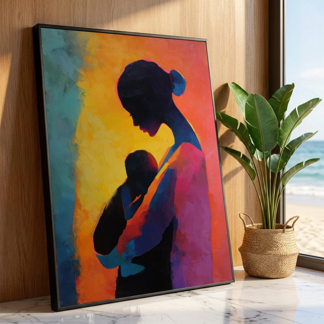 Embracing Motherhood Silhouette, Abstract Family Canvas Art, Colorful ...