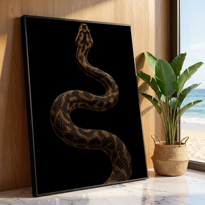 May include: A framed art print depicting a detailed illustration of a snake against a black backdrop. The snake is brown and black with a textured pattern. The artwork is displayed near a window with a view of the sea.