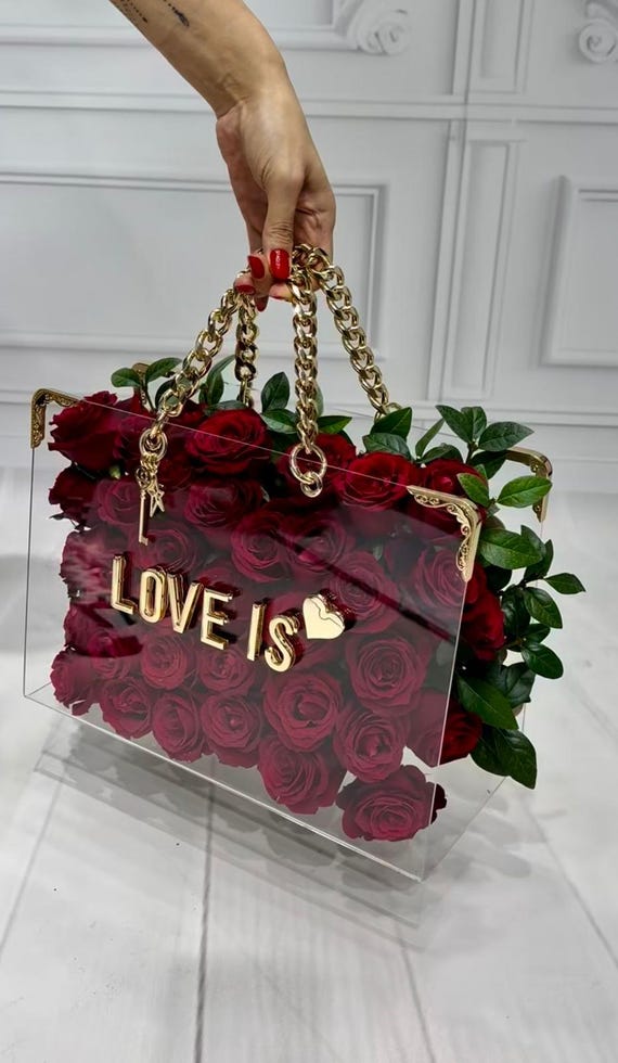 Personalized Clear Plexiglass Floral Tote Bag, Custom Gold Name Acrylic Handbag With Artificial Flowers, Beautiful Women Gift Idea