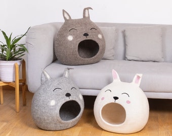 Wool Felt Bunny Cat Cave | Modern Cat Bed | Handmade Cat House | Cat Mom Gift | Large Cat Bed | Wool Cat House | Felt Pet House